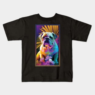 Bulldog Vibrant Tropical Flower Tall Digital Oil Painting Portrait 3 Kids T-Shirt